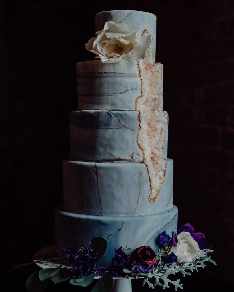 Sugar Flowers on Blue Geode Cake