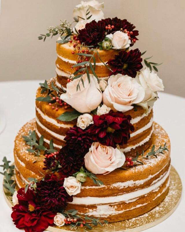 Naked Cake with Deep Red and Blush Florals