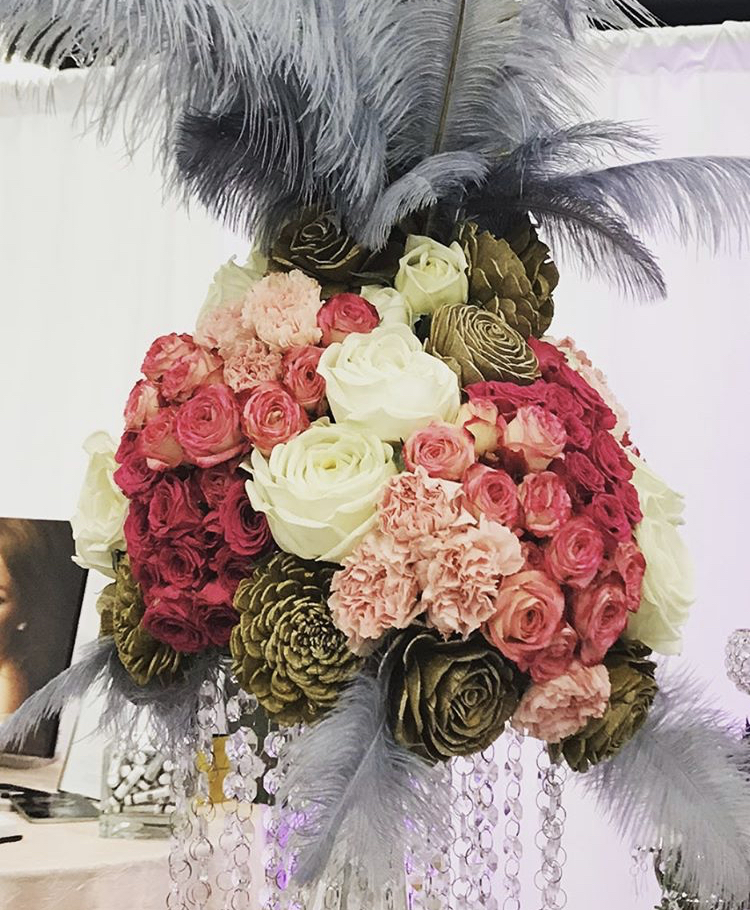 Deep Pink Roses and Feathers Centerpiece