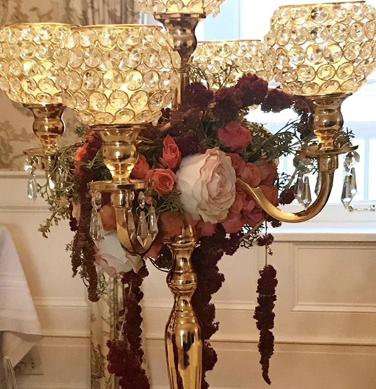 Gold Candelabra - Deep Orange Roses