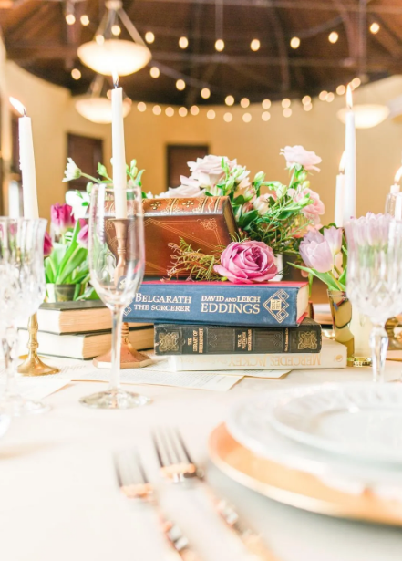 Books, Candles and Pink Roses Centerpiece 