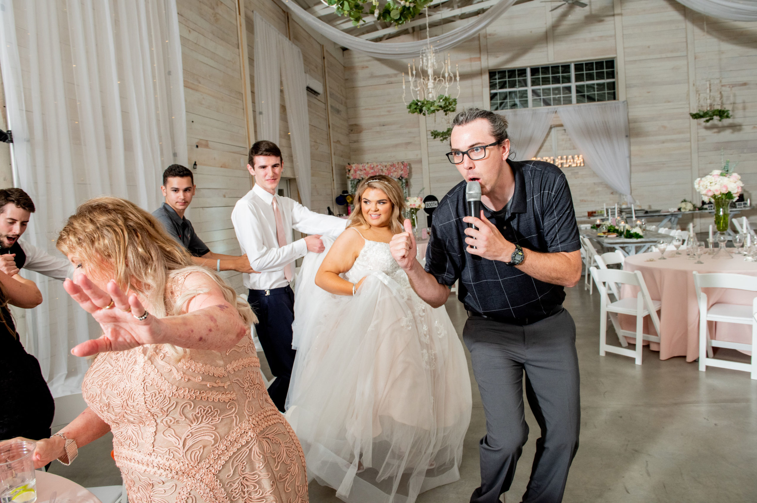 Conga Line - Pink & White Wedding - White Dove Barn-Music Tree Entertainment-Twila's Photography