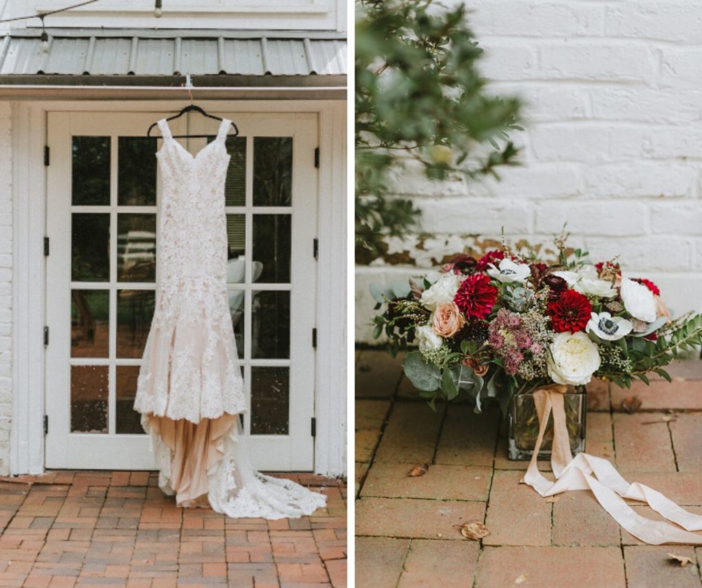 Allure Bridal Lace Wedding Gown & Wine & Cream Bouquet