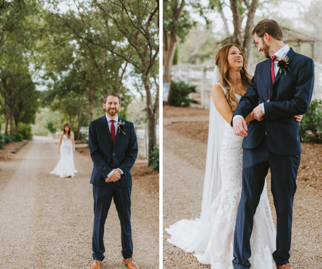 First Look - Wine & Navy Wedding