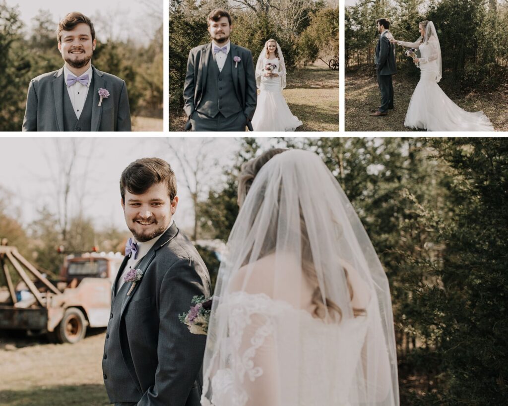 First Look - Purple & Lace Vintage Wedding